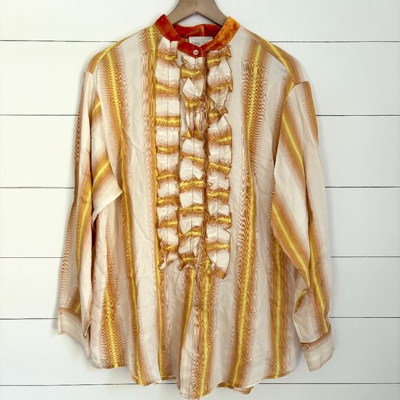 Forte Forte NWOT yellow, brown and white button down blouse with velvet collar - Picture 1 of 7